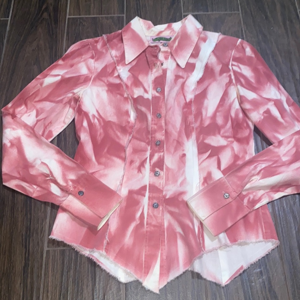 Love Junkie embellished tie dye frayed corduroy button up blouse